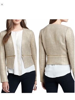Greylin M Gold Collarless Open Front Zipper
Hem Blazer Jacket